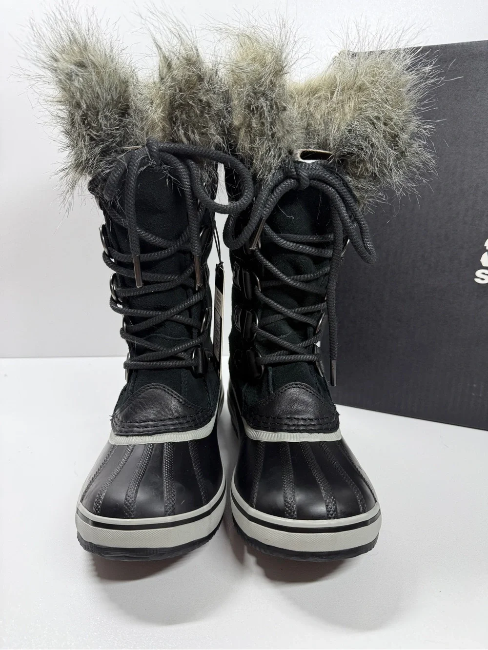 Sorel Joan of Arctic Black Suede Leather Faux Fur Collar Tall Winter Boots Size7